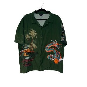 BoohooMAN Button Down Shirt Mens 2XL Green Dragon Basketball Tropical Woven